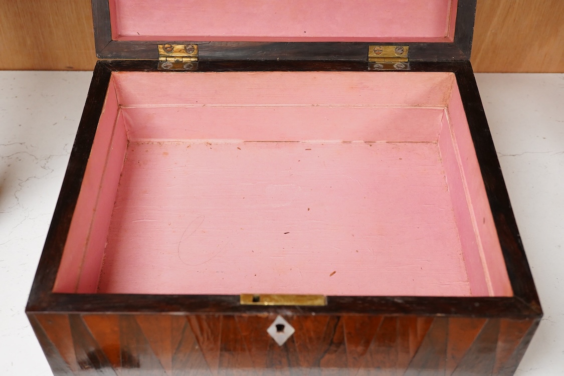 A William IV rosewood and specimen parquetry selling box, 27cm wide x 11.5cm high
